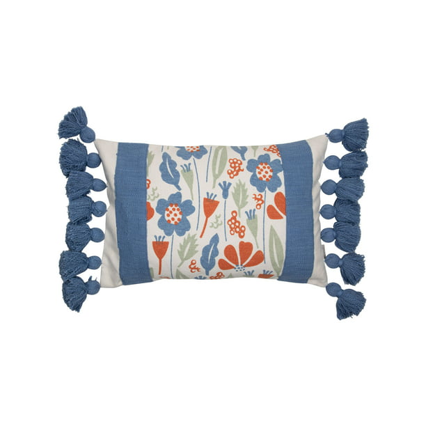 Foreside Home & Garden Blue Woven 14 x 22 inch Decorative Cotton Throw Pillow Cover with Insert and Hand Tied Tassels 
